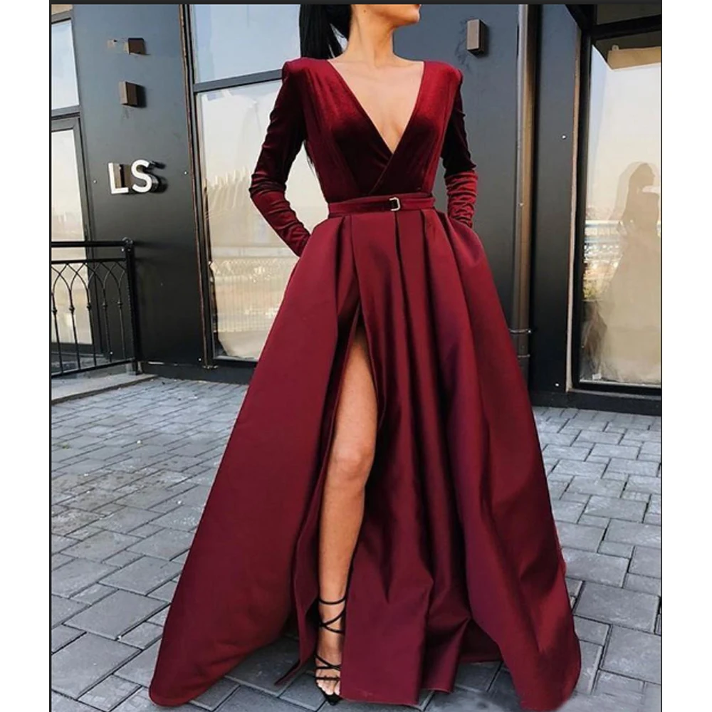 Long Sleeve Burgundy Simple Prom Dress V Neck A Line Party Gown Split Skirt Formal Evening Dresses
Long Sleeve Burgundy Simple Prom Dress V Neck A Line Party Gown Split Skirt Formal Evening Dresses