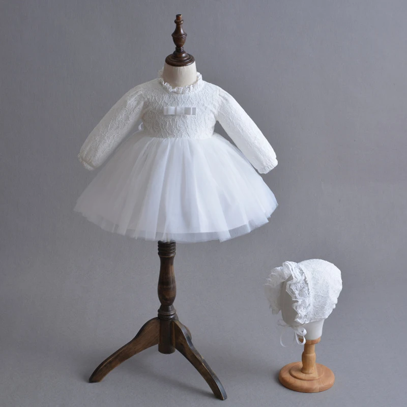 

Baby Christening Dress Long Sleeve Newborn Baby Baptism Outfits White Lace Dress with Bonnet Hat vestido bebe Baptism Dress