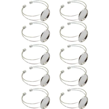 

10 Pieces 25mm Adjustable Round Gem Dial Blank Bracelet Handmade DIY Bangle Making (Silver)