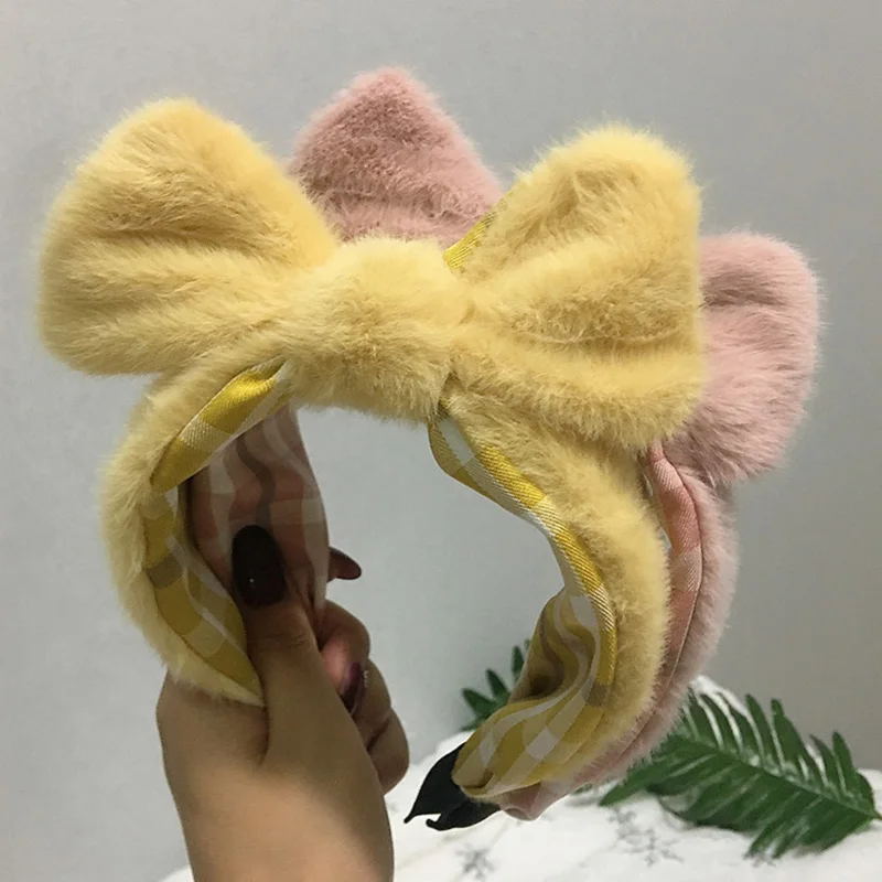 

Colorful Plush Fur Bowknot Plaid Hairbands for Girls Women Knotting Rabbit Ears Headband Candy Color Hairhoop Female Accessories
