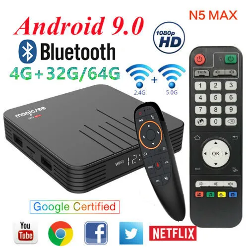 Magicsee N5 Max TV Box Voice Control Amlogic S905X3 32G/64G 2.4+5G Dual Wifi Set Top Box BT4.1 100M 4K Android 9.0 Media Player
Magicsee N5 Max TV Box Voice Control Amlogic S905X3 32G/64G 2.4+5G Dual Wifi Set Top Box BT4.1 100M 4K Android 9.0 Media Player