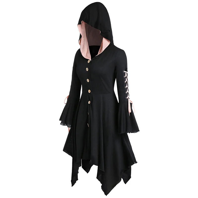 

ROSEGAL Plus Size Hooded Lace Up Handkerchief Halloween Coat Pleated A-Line Women Long Gothic Trench Asymmetric Button Coat