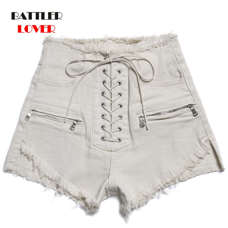 Women Stylish Summer Denim Shorts Lace Up High Waist Pockets Female Casual Streetwear White Short Jeans Pantalone