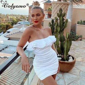 

Colysmo Strapless Summer Dress Women Ruched Bodycon Elegant Ruffles White Dresses Woman Party Night Glossy Satin Dress 2020 New