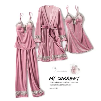 Velour Autumn New Velvet Kimono Robe Gown Sleepwear Intimate Lingerie Lace 4PCS Bride Bridesmaid Wedding Dressing Set Nightwear 
Velour Autumn New Velvet Kimono Robe Gown Sleepwear Intimate Lingerie Lace 4PCS Bride Bridesmaid Wedding Dressing Set Nightwear