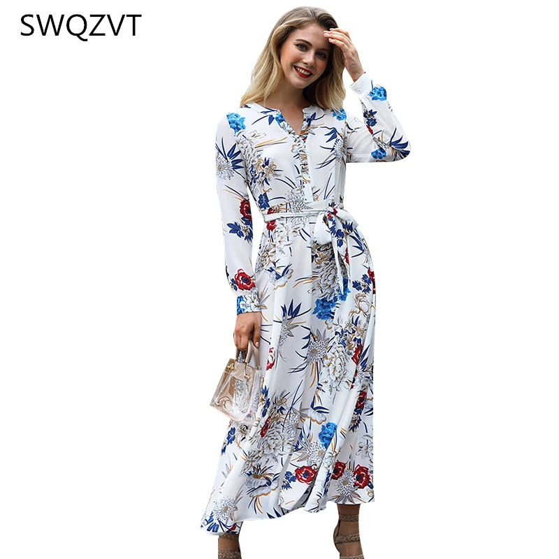 Autumn Long sleeve women maxi dress fashion 2019 New print floral dress women designer white belt casual party dress vestidos
Autumn Long sleeve women maxi dress fashion 2019 New print floral dress women designer white belt casual party dress vestidos