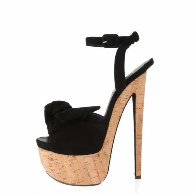 

Sexy Black Knot Bowtie Wooden Platform High Heels Women Sandals Cut-out Peep Toe Ankle Strap Gladiator Ladies Shoes Sandals