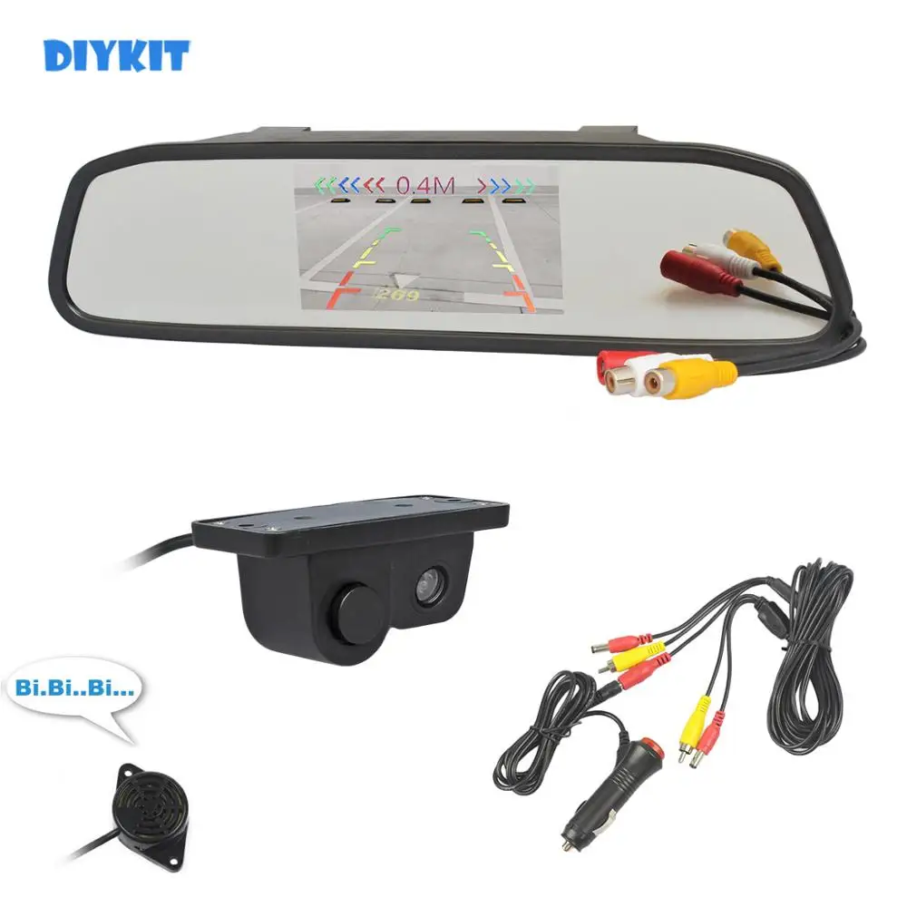 DIYKIT Wired Auto Parking System 4.3" Car Mirror Monitor Rear View Waterproof Video Radar Sensor Camera | Автомобили и