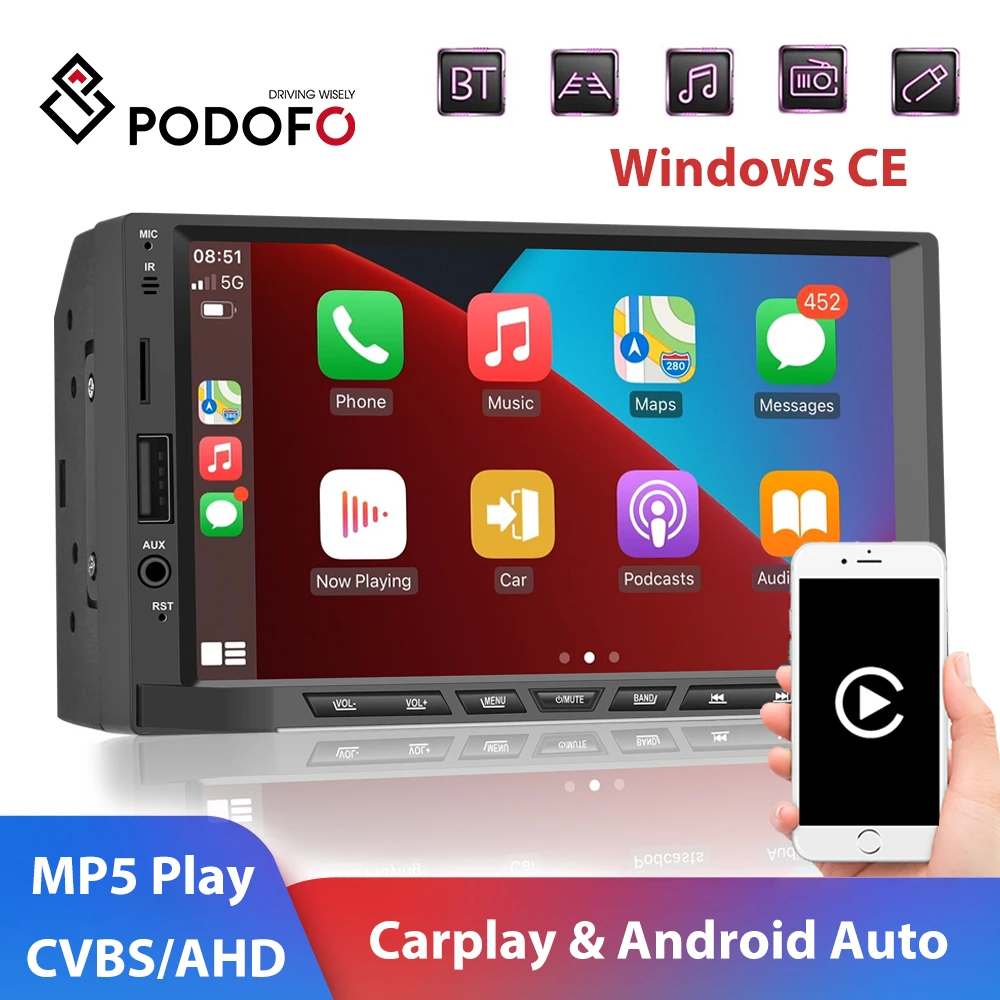 

Podofo 2 din Stereo Receiver Car Radio 7" Carplay Android Auto Touch Screen Bluetooth MP5 Player 2DIN FM Autoradio For Universal