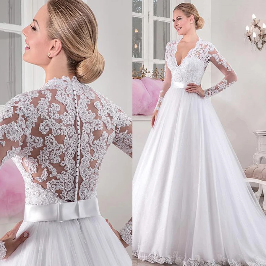 Chic Tulle V-neck Neckline Natural Waistline Ball Gown Long Sleeves Wedding Dress With Beaded Lace Appliques Bridal Dress 
Chic Tulle V-neck Neckline Natural Waistline Ball Gown Long Sleeves Wedding Dress With Beaded Lace Appliques Bridal Dress