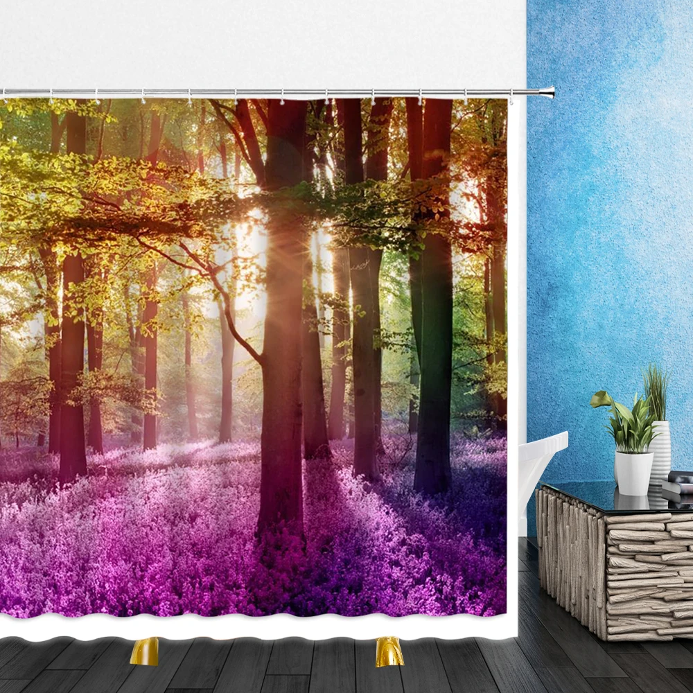 

Landscape Shower Curtains Forest Summer Natural Scenery 3D Bathroom Home Decor Waterproof Polyester Bath Curtain With 12pcs Hook
