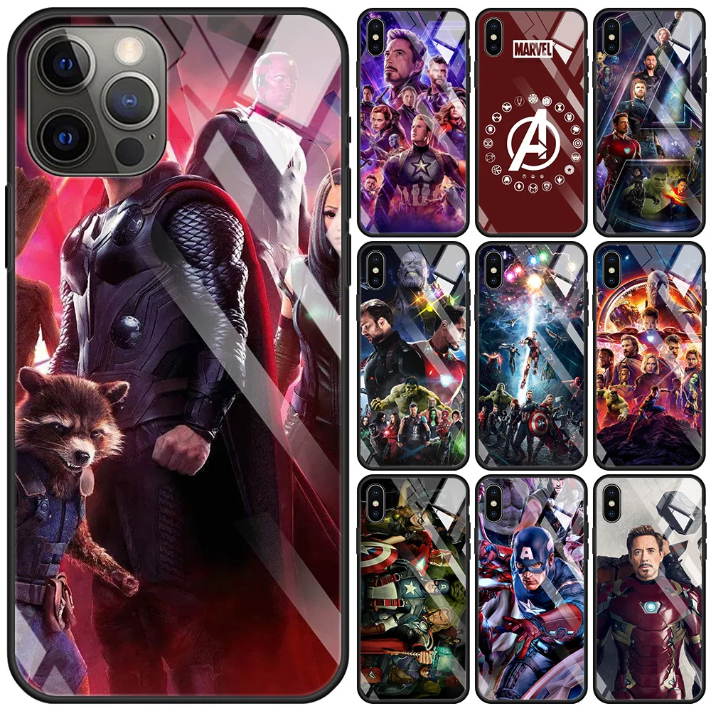 Чехол для телефона из закаленного стекла iPhone 11 13 12 Pro Max Mini XS XR X SE2020 7 8 6 6S Plus Coque Marvel