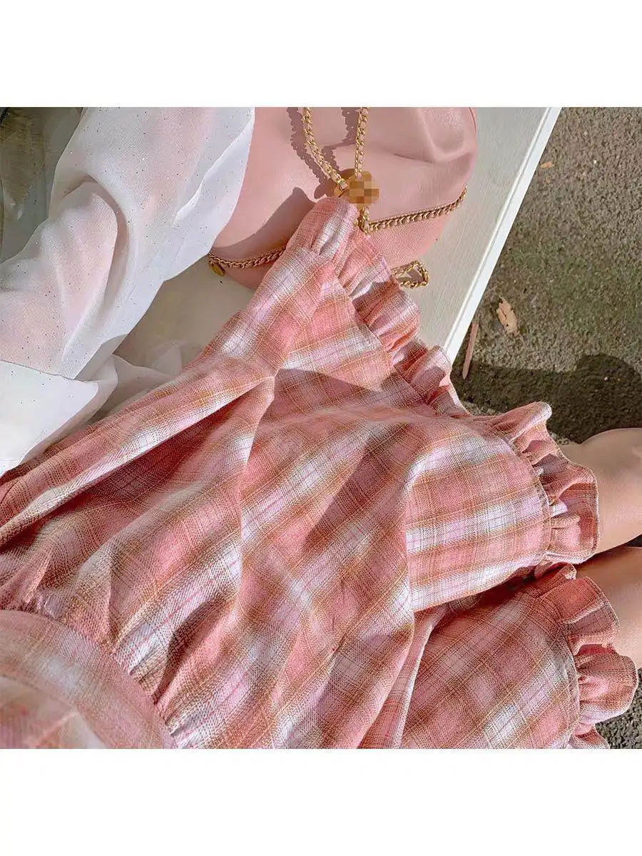 Женское винтажное пляжное платье розовое в клетку богемном стиле летнее полоску