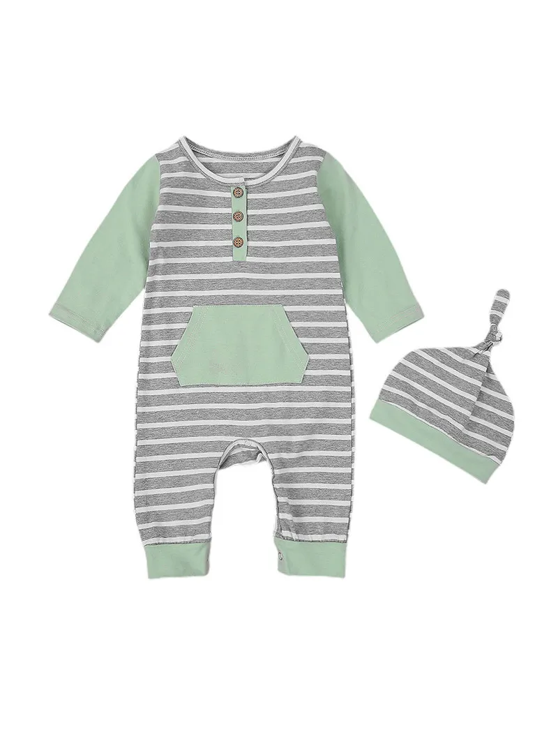Infant Two-piece Clothes Set, Babies Grey Stripe Pattern Round Collar Long Sleeve Romper + Cap, 3-24 Months
Infant Two-piece Clothes Set, Babies Grey Stripe Pattern Round Collar Long Sleeve Romper + Cap, 3-24 Months