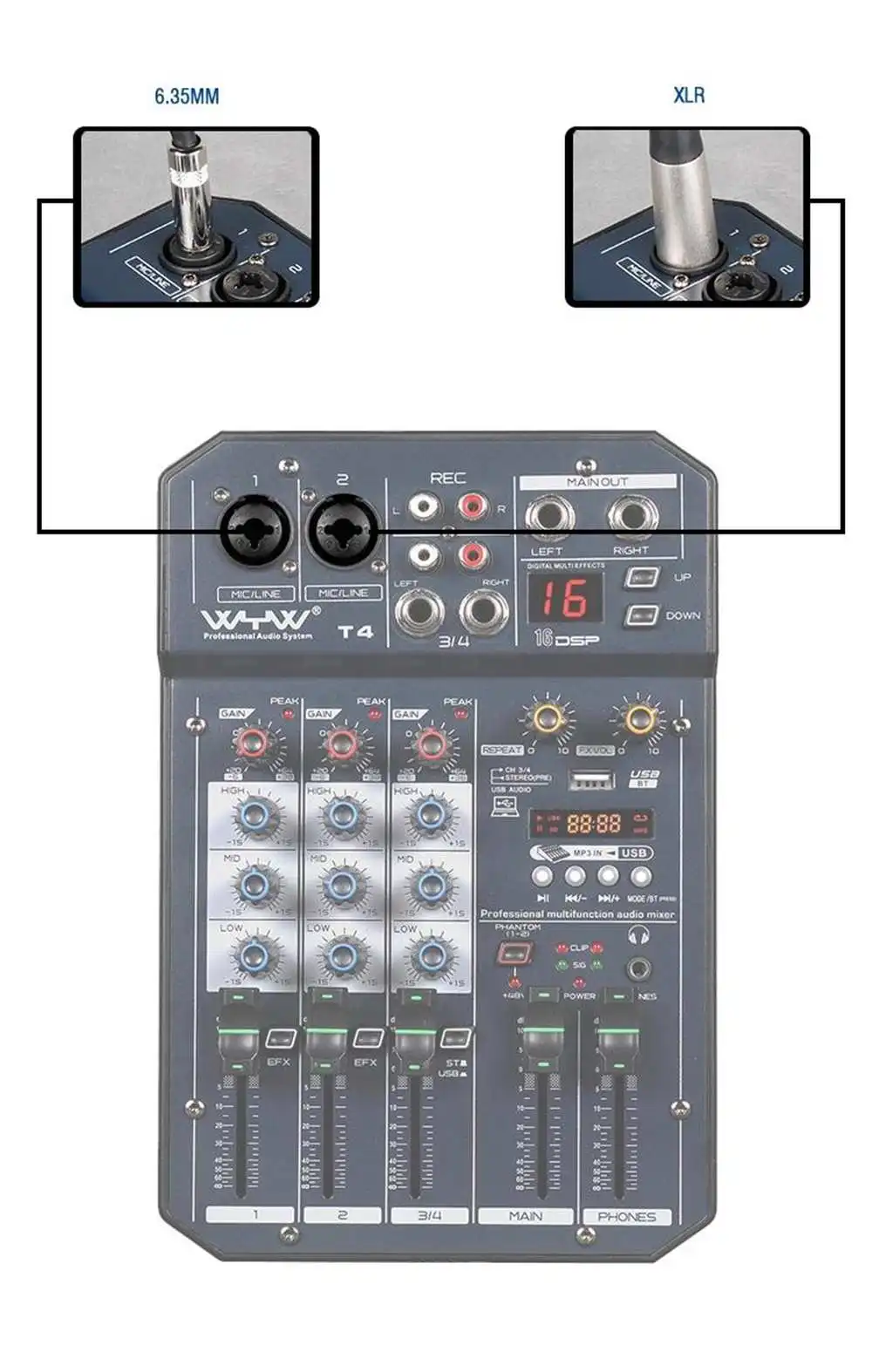 Mini 2CH 4 Channel Audio Sound Mixing bluetooth Mixer Console Sound Card Digital Live KTV Kalaok USB MP3 Player Stereo Recording