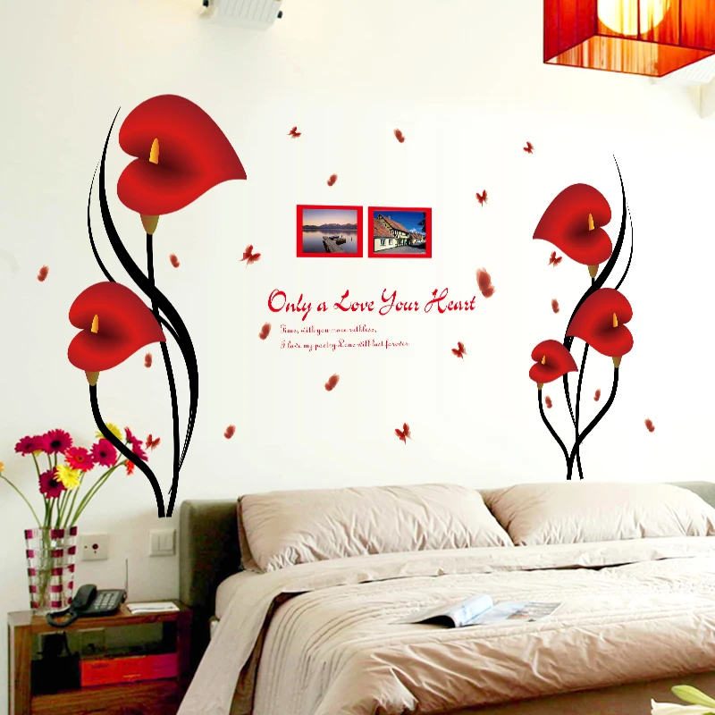 DIY романтические красные антуриум цветы бабочки настенные наклейки фоторамки