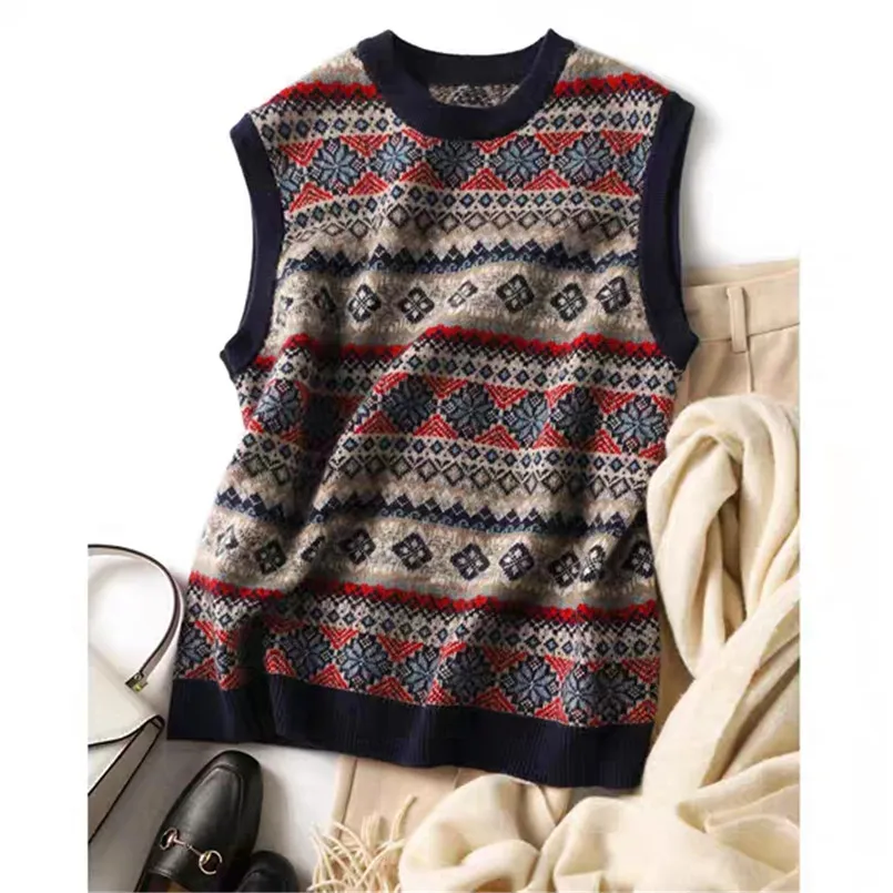 2020 New Designed Spring O Neck Cashmere Vest Vintage Women Jacquard Knitted Striped Fashion Geometric Print Korean | Женская одежда