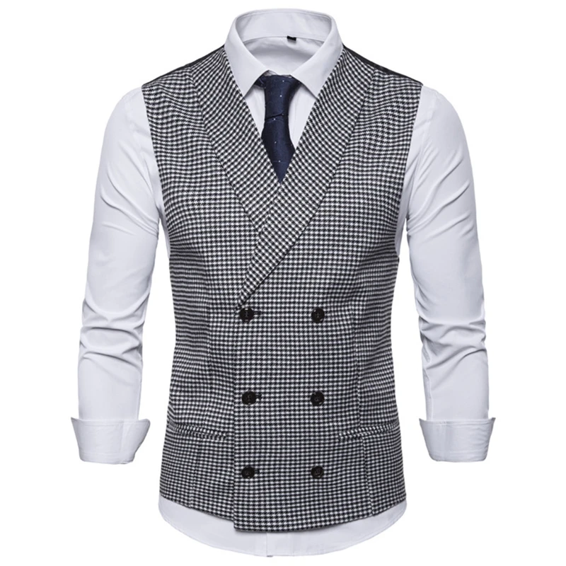 7.1 38、双排扣、S-2XL、Men's vest chaleco hombre classic houndstooth double-breasted slim suit collar vest men's gentleman business casual vest жилет