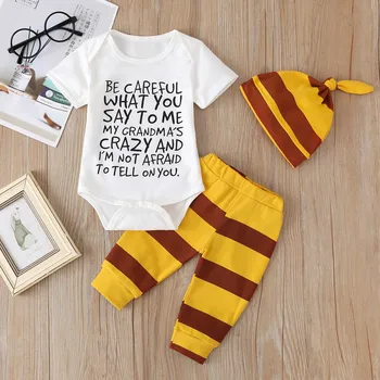 Newborn Baby Girl Clothes Boys Letter Romper Short Sleeve Tops+Stripe Pants +Hat Outfits Infant Set bebes
Newborn Baby Girl Clothes Boys Letter Romper Short Sleeve Tops+Stripe Pants +Hat Outfits Infant Set bebes