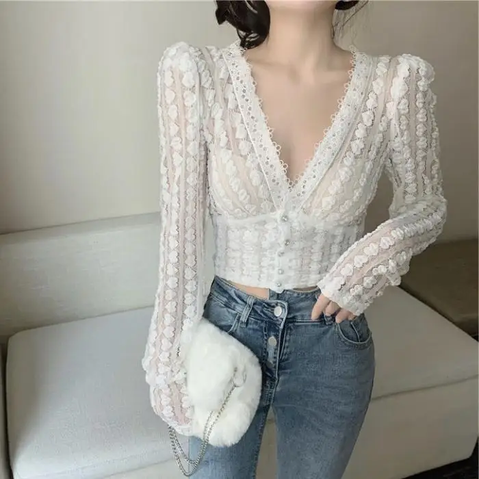 

White Swiss Dot Long Puff Sleeve Solid Blouse Women Deep V Autumn Office Lady Camisa Elegant Streetwear Pullover Shirt Tops