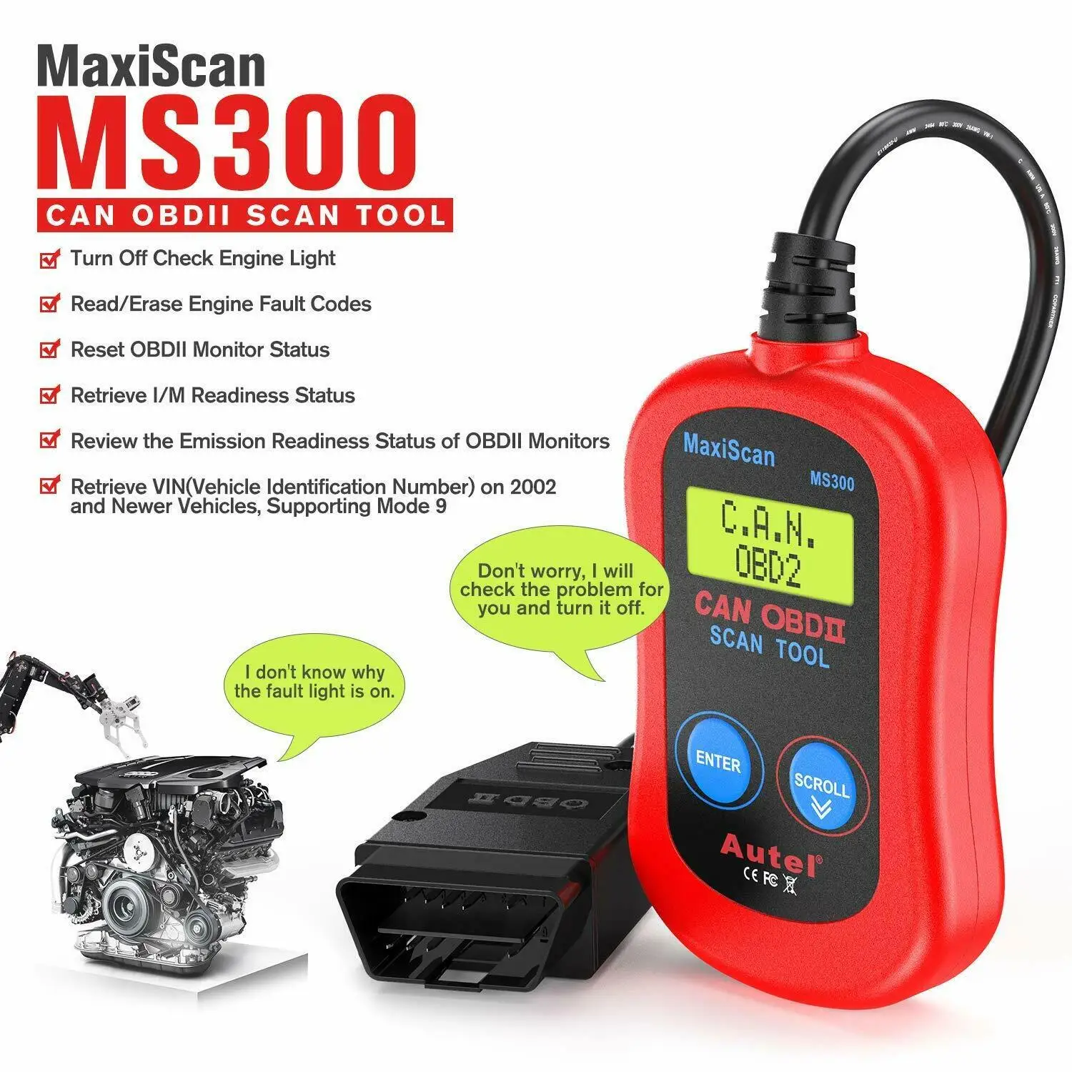 Autel MS300 OBD2 Scanner Car Code Reader, Turn Off Check Engine Light, Read&Erase Fault Codes, Check Emission Monitor Status CAN
Autel MS300 OBD2 Scanner Car Code Reader, Turn Off Check Engine Light, Read&Erase Fault Codes, Check Emission Monitor Status CAN
