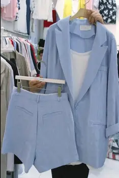 Lightblue Fashion suit Women new style version of loose cotton and linen small suit jacket shorts suit linen two-piece women 
Lightblue Fashion suit Women new style version of loose cotton and linen small suit jacket shorts suit linen two-piece women