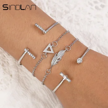 Sindlan 4PC Crystal Triangle Feather Charm Bracelets for Women Geometric Silvery Boho Bangle Open Bracelet Set Wrist Chain Jewel