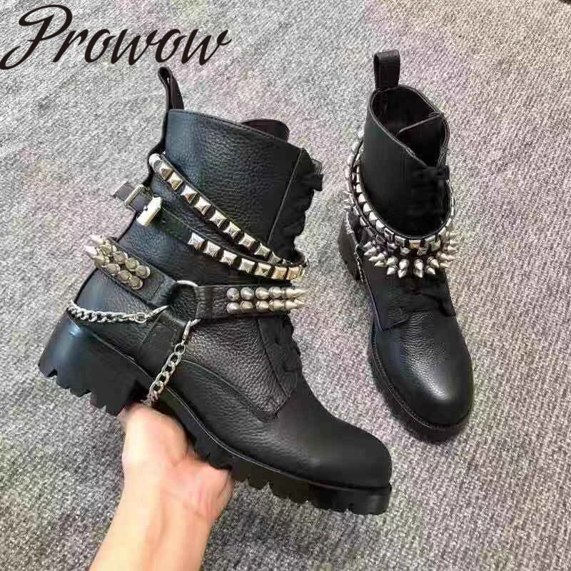 Prowow New Genuine Leather Branded Metal Chain Studded Ankle Boots Zip Side Low Heel Autumn WInter Punk Boots Shoes Women
Prowow New Genuine Leather Branded Metal Chain Studded Ankle Boots Zip Side Low Heel Autumn WInter Punk Boots Shoes Women