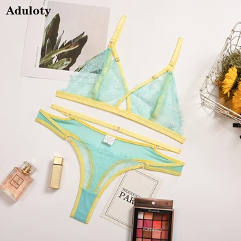 Aduloty New sexy women's thin mesh see-through lace underwear set comfortable wire free bra set erotic lingerie thong set 
Aduloty New sexy women's thin mesh see-through lace underwear set comfortable wire free bra set erotic lingerie thong set