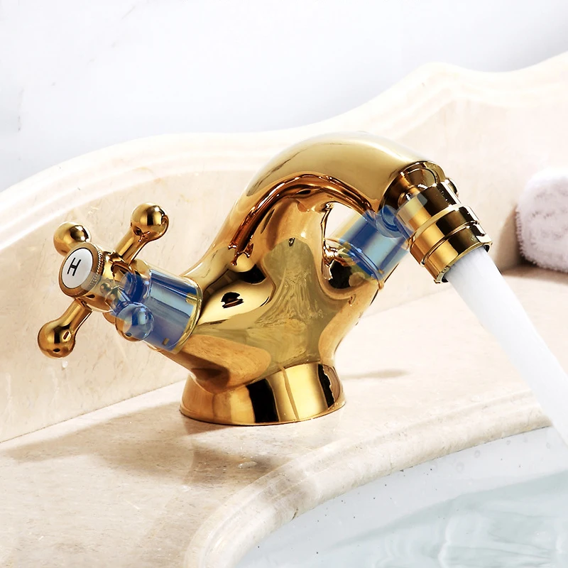 

Gold Toilet Bidet Faucet Adjustable Aerator Anal Cleaning Bathroom Basin Sink Tap Deck Mount Double Handle Cold Hot Water Mixer