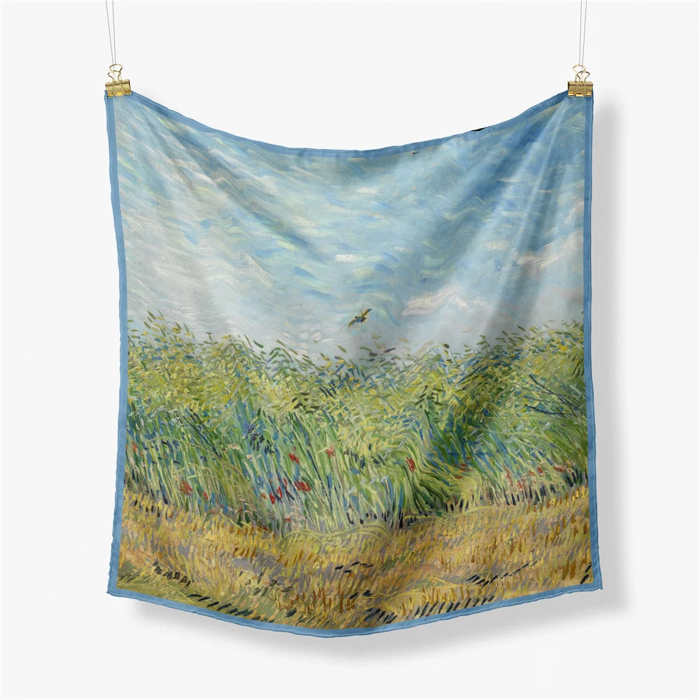 POBING Twill Silk Scarf Woman Plant Painting Square Scarves Wraps Bandana Small Hijab Foulards Tie Headband Neckerchief 53CM |