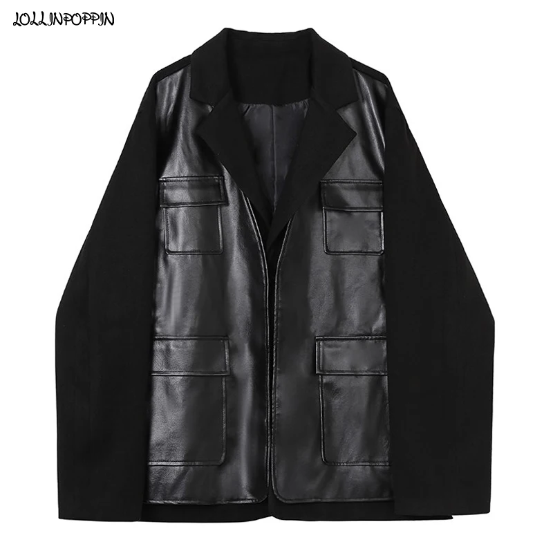 PU Leather Patchwork Faux Two Pieces Men Black Casual Blazers Notched Lapel 2021 Autumn Winter Loose Woollen Suit Jacket
PU Leather Patchwork Faux Two Pieces Men Black Casual Blazers Notched Lapel 2021 Autumn Winter Loose Woollen Suit Jacket