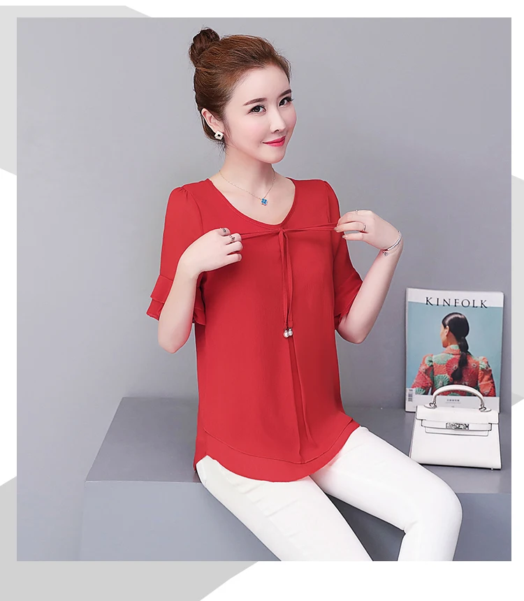 Women Blouses Solid 2020 Summer New Short- Sleeve V-Neck Lace up Shirt Female Chiffon Womens Plus Size Tops Slim Clothing NS4544 Women Blouses Solid 2020 Summer New Short- Sleeve V-Neck Lace up Shirt Female Chiffon Womens Plus Size Tops Slim Clothing NS4544