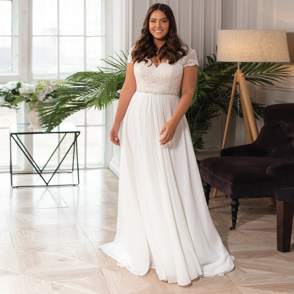 Wedding Dresses Chiffon Appliques Pleat V-Neck Short Sleeve Lace Up Plus Size A-Line Custom Made White Robe De Mariee Elegant
Wedding Dresses Chiffon Appliques Pleat V-Neck Short Sleeve Lace Up Plus Size A-Line Custom Made White Robe De Mariee Elegant
