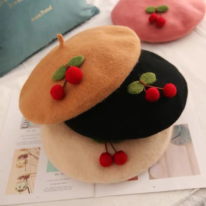 

Women's Wool French Beret Cozy Cute Hat Girl Beanie Unisex Artist Cap Dome solid color decorate with cherry design NEW 2021