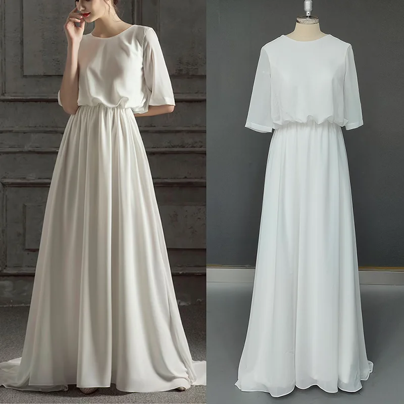 Simple Drape Chiffon Wedding Party Dress Custom Made Round Neck A Line Ivory Lace Up Zipper V Back Half 1/2 Sleeves Bridal Gown
Simple Drape Chiffon Wedding Party Dress Custom Made Round Neck A Line Ivory Lace Up Zipper V Back Half 1/2 Sleeves Bridal Gown