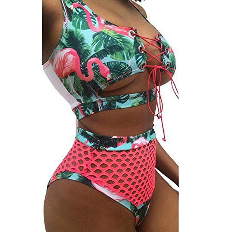 

Women bikini set High waist padded bathing suits sexy print lace up bandage padded swimsuit swimwear Hollow out Hot sell Biquini