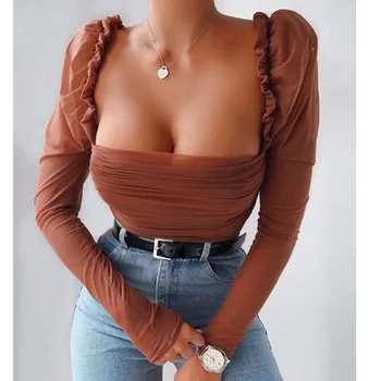 Ruffles Mesh Crop Tops Long Sleeve Slash Neck Sexy Tops Women Ruffles Club Crop Tops Blouse 
Ruffles Mesh Crop Tops Long Sleeve Slash Neck Sexy Tops Women Ruffles Club Crop Tops Blouse