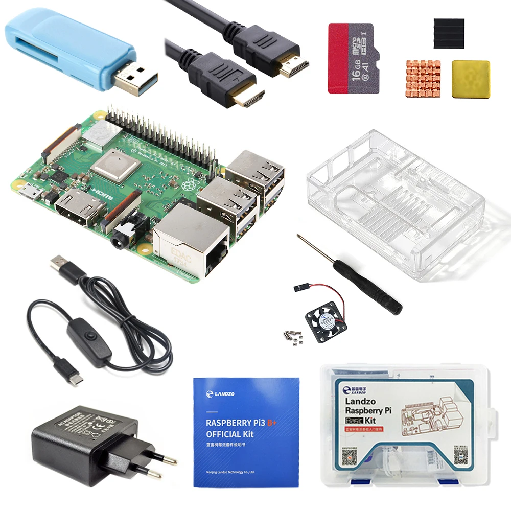 Original Raspberry Pi 3B+ basic use kit with case heat sink EU power and 1.5m HDMI cable and USB card reader
Original Raspberry Pi 3B+ basic use kit with case heat sink EU power and 1.5m HDMI cable and USB card reader