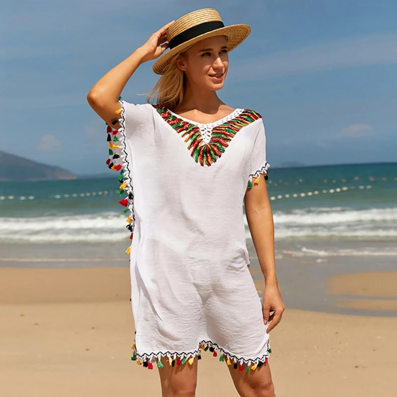 

New Swim Cover Up Tunic Beach Dress Summer Women Beach Wear Crochet Tassel Swimsuit Ups White Robe Dress Long Pareo Beachwear