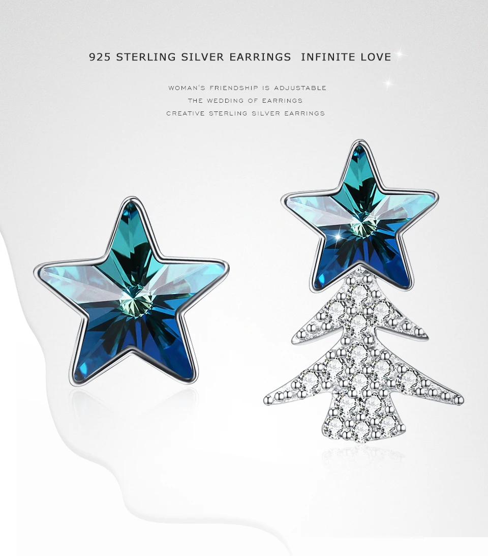 SILVERHOO 925 Sterling Silver Drop Earrings For Women Asymmetric Christmas Tree And Pentagram Blue Crystal Earrings Trend 2020 SILVERHOO 925 Sterling Silver Drop Earrings For Women Asymmetric Christmas Tree And Pentagram Blue Crystal Earrings Trend 2020