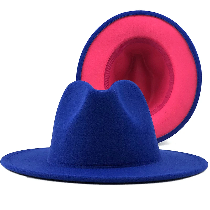

New Unisex blue rose Patchwork Felt Jazz Hat Cap Men Women Flat Brim Wool Blend Fedora Hats Panama Trilby Vintage Hat XL