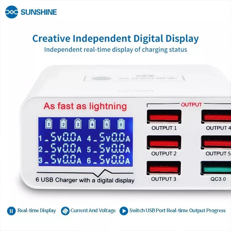 Зарядное устройство SUNSHINE, QC 3,0 5 в А, шесть отверстий, мобильный телефон, быстрая зарядка, источник питания, отображение напряжения и тока, USB-инструменты
Зарядное устройство SUNSHINE, QC 3,0 5 в А, шесть отверстий, мобильный телефон, быстрая зарядка, источник питания, отображение напряжения и тока, USB-инструменты