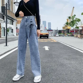 Mom Boyfriend Loose Wide Leg Denim Pant Femme Casual Trousers Streetwear Fashion Cross lace-up Pocket High Waist Jeans for Women
Mom Boyfriend Loose Wide Leg Denim Pant Femme Casual Trousers Streetwear Fashion Cross lace-up Pocket High Waist Jeans for Women