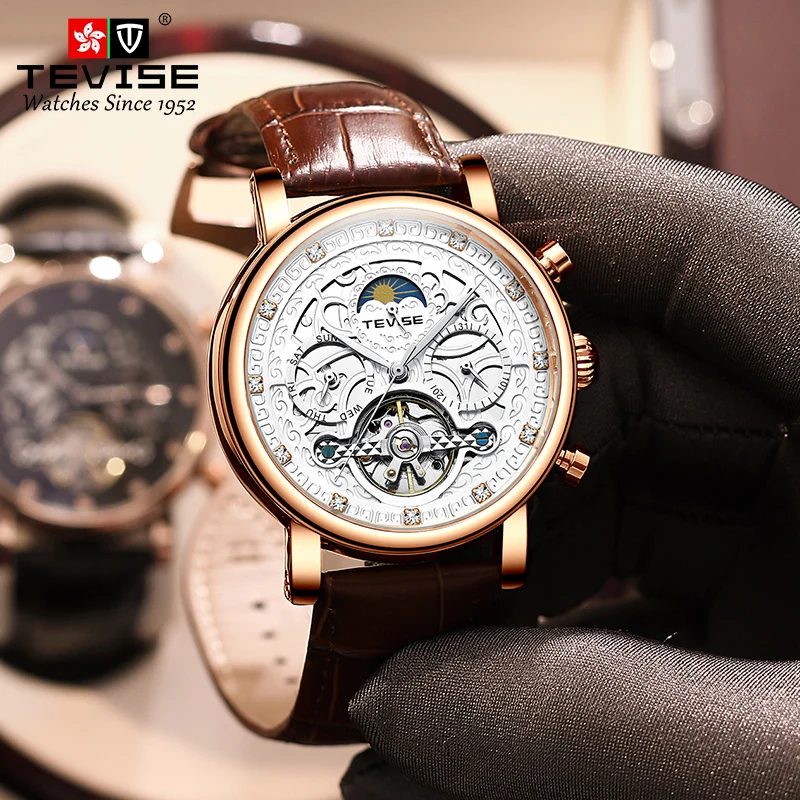 

TEVISE 2021 New Automatic Man Mechanical Watches Self Winding Business Skeleton Men Wrist Watch Moon Plase Relojes Para Hombres