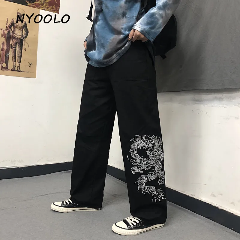 

NYOOLO Vintage Chinese dragon totem embroidery pants Autumn streetwear loose full length elastic waist straight pants women men