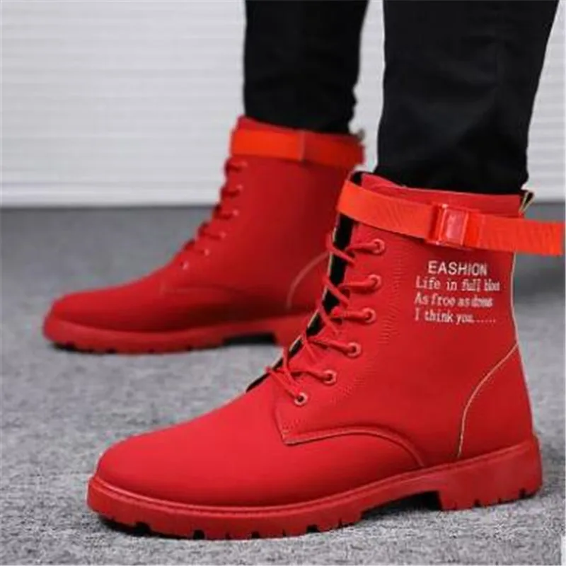 Фото Мужские высокие ботинки в британском стиле красные армейские корейские зимние