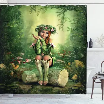 Fairy Shower Curtain, Computer Art Elf Girl with Wreath on Her Head Sitting on a Tree Stump, Cloth Fabric Bathroom Decor Set
Fairy Shower Curtain, Computer Art Elf Girl with Wreath on Her Head Sitting on a Tree Stump, Cloth Fabric Bathroom Decor Set