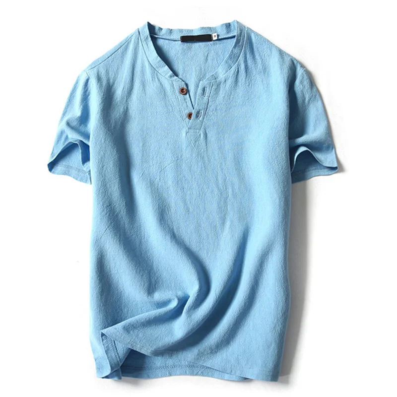 Футболка мужская из хлопка и льна винтажная рубашка с V-образным вырезом коротким