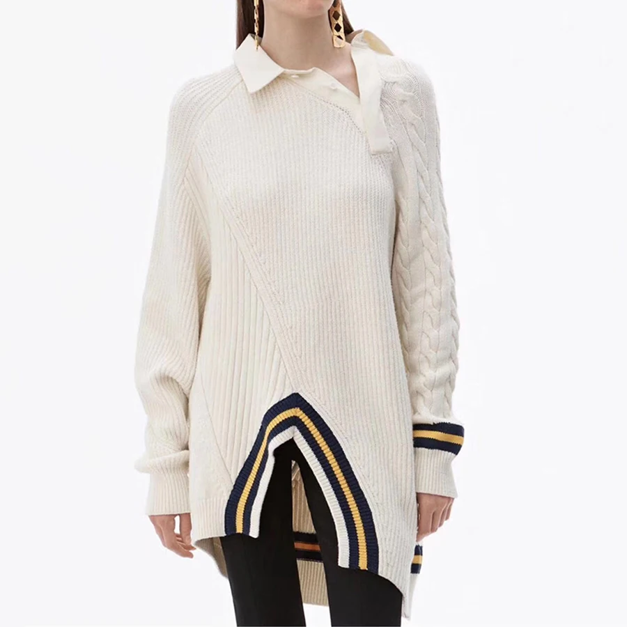 2019 Autumn Striped Split Design Women Sweater Beveled Single Breasted Turn-down Collar Elegant Pullover Knitting Sweater
2019 Autumn Striped Split Design Women Sweater Beveled Single Breasted Turn-down Collar Elegant Pullover Knitting Sweater